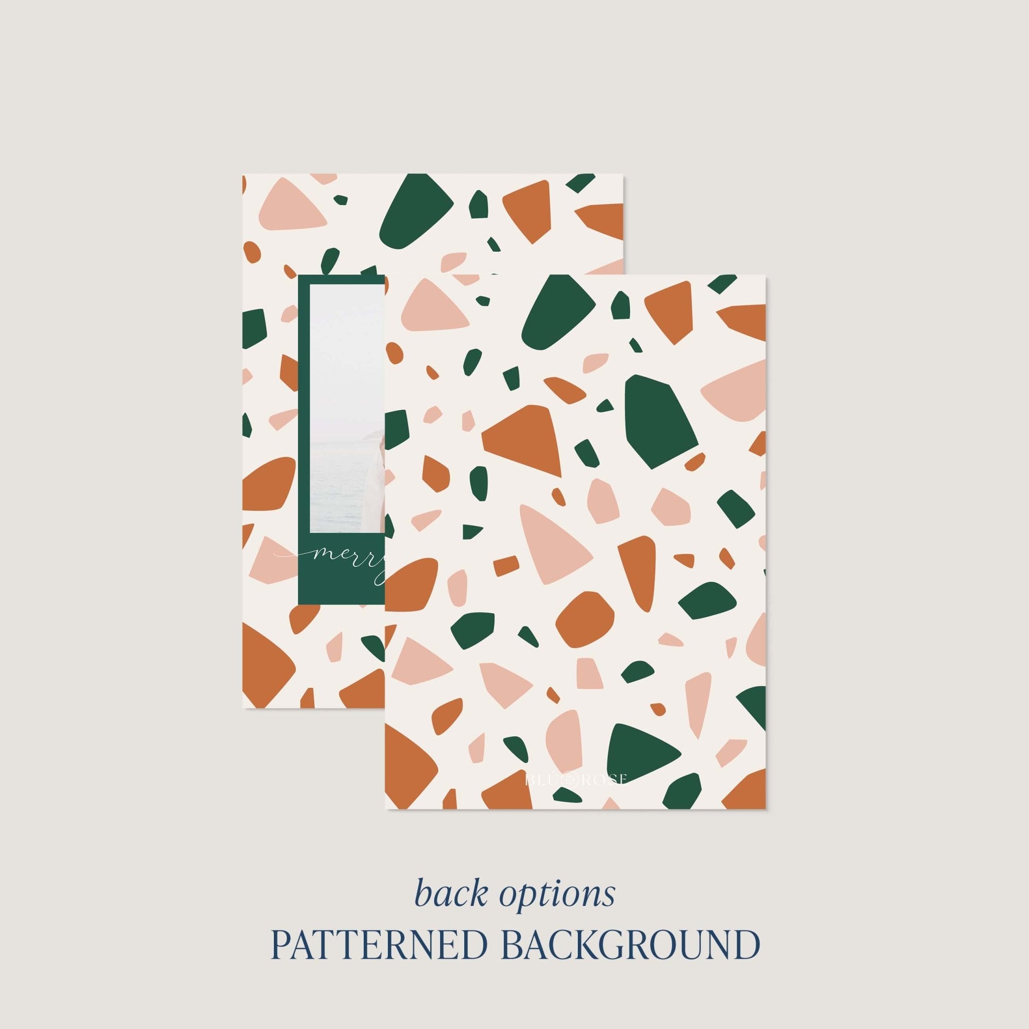 Terrazzo card back option: cream with a green and rust terrazzo speckle print