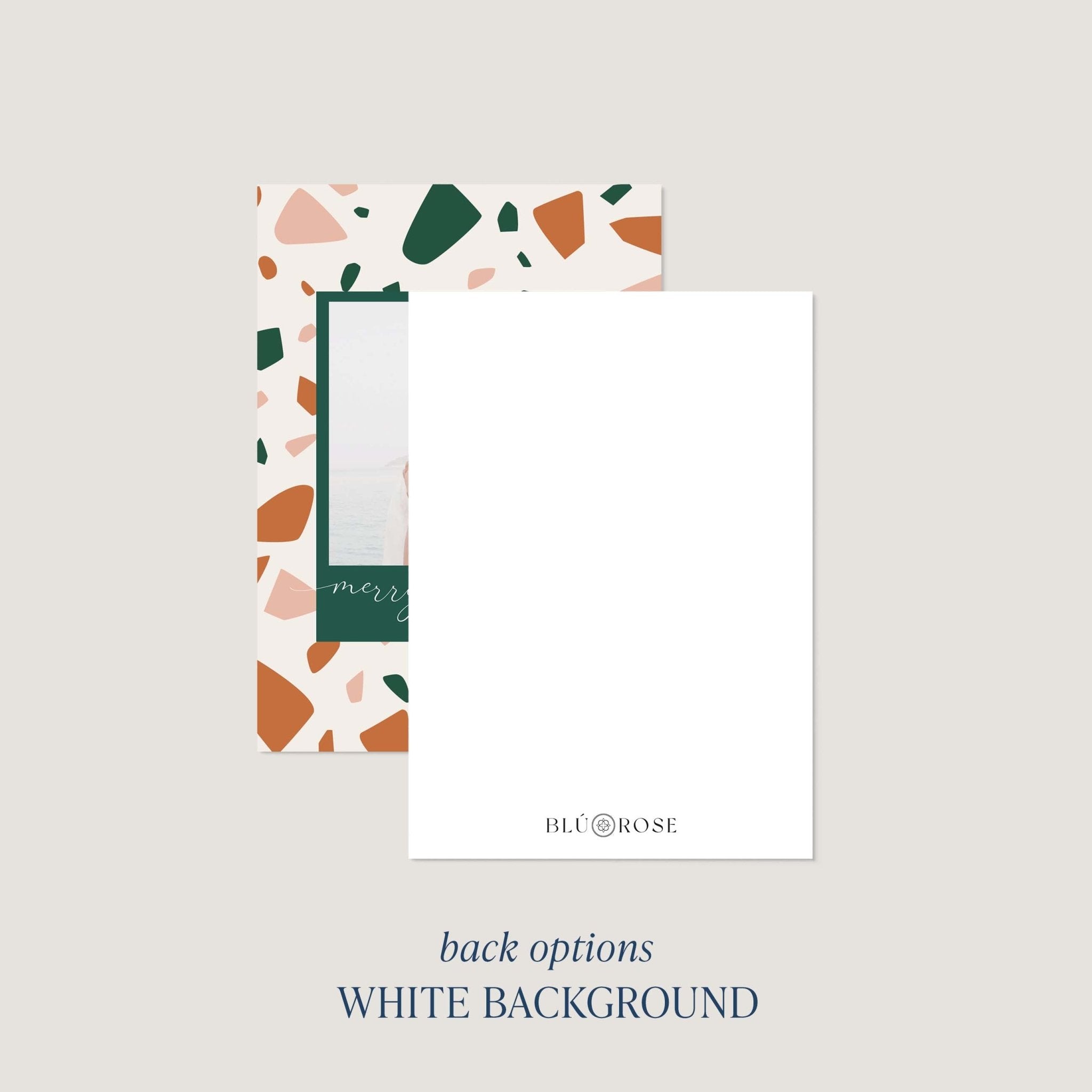 Terrazzo card back option: plain white with a small Blú Rose mark