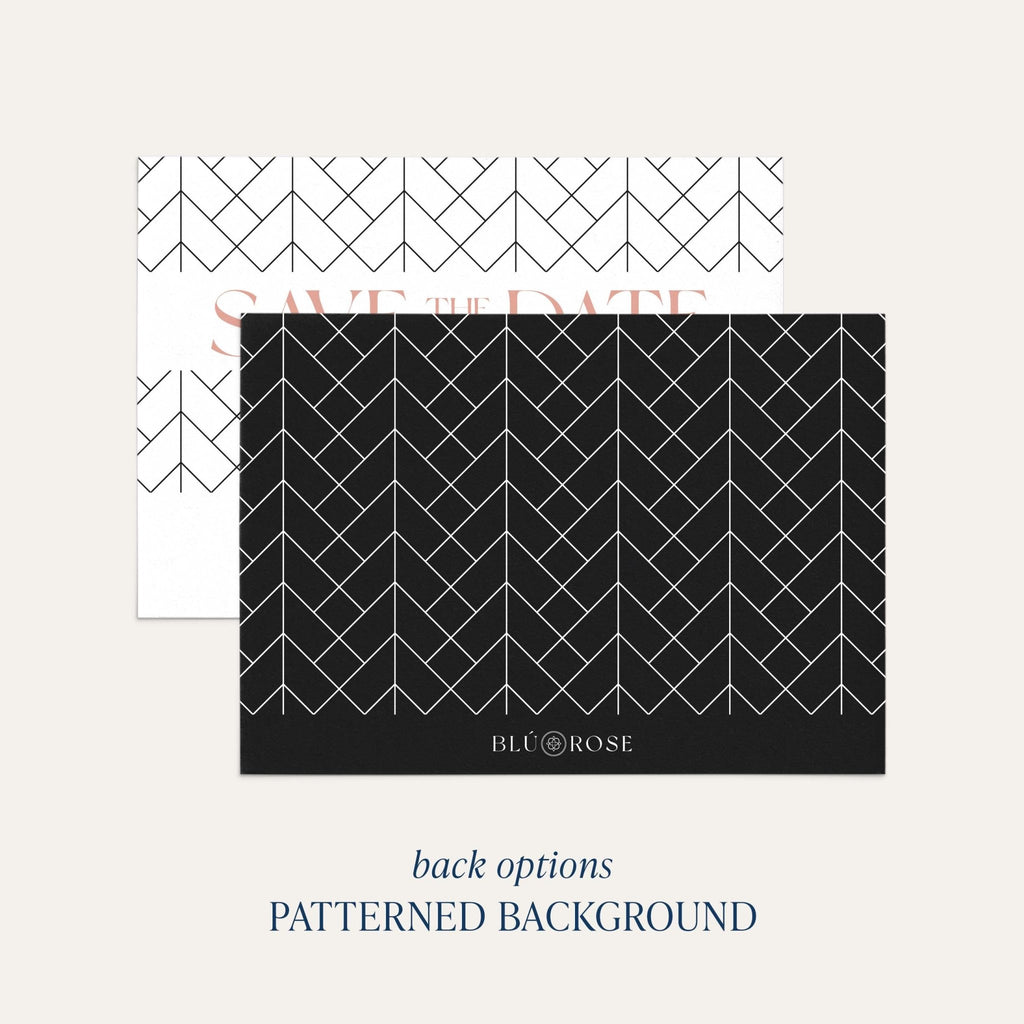 Back option for The Lattice Save the Date showing patterned background with geometric chevron design