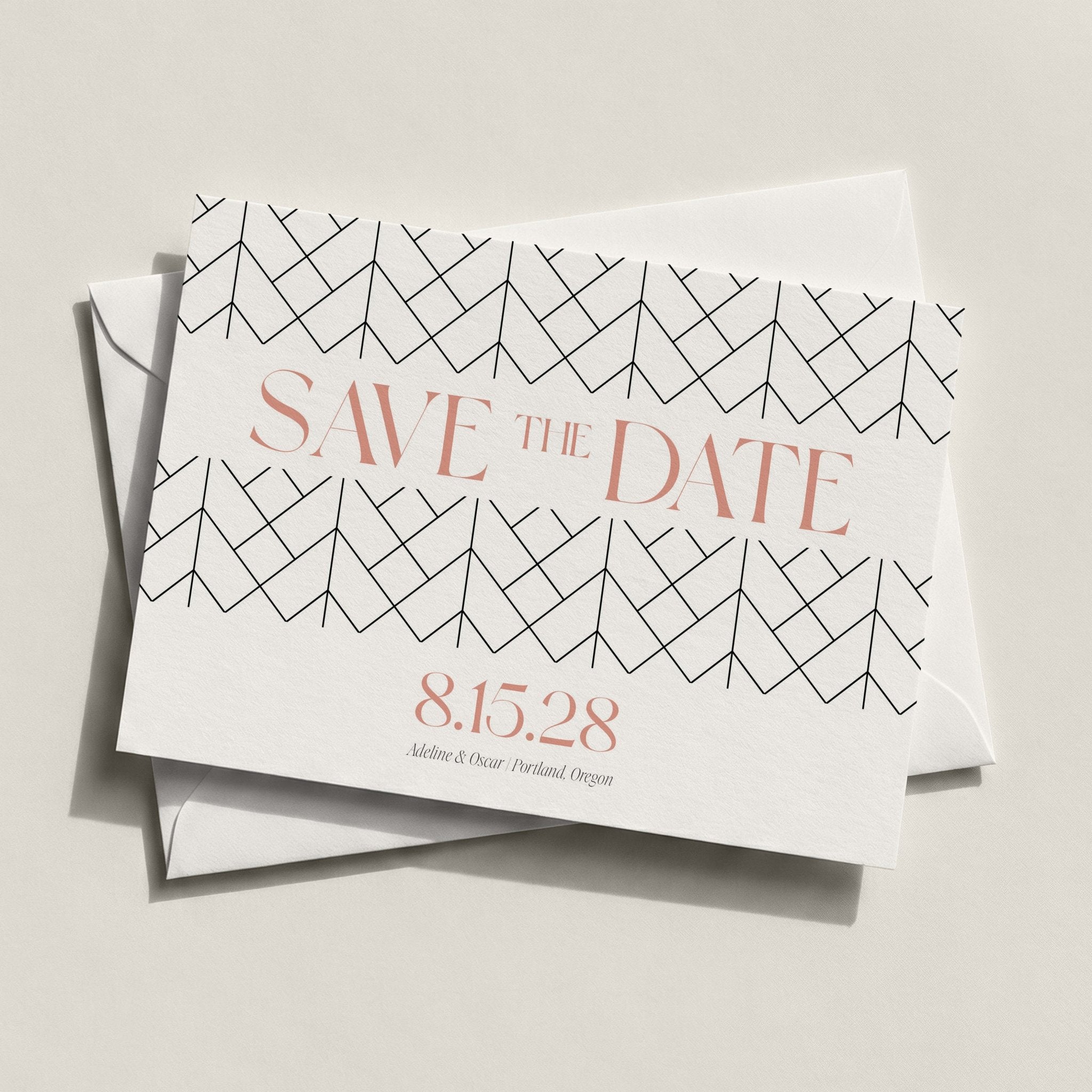 The Lattice Save the Date card by Blú Rose displayed at an angle stacked on a white envelope against a neutral background