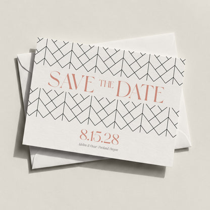 The Lattice Save the Date card by Blú Rose displayed at an angle stacked on a white envelope against a neutral background