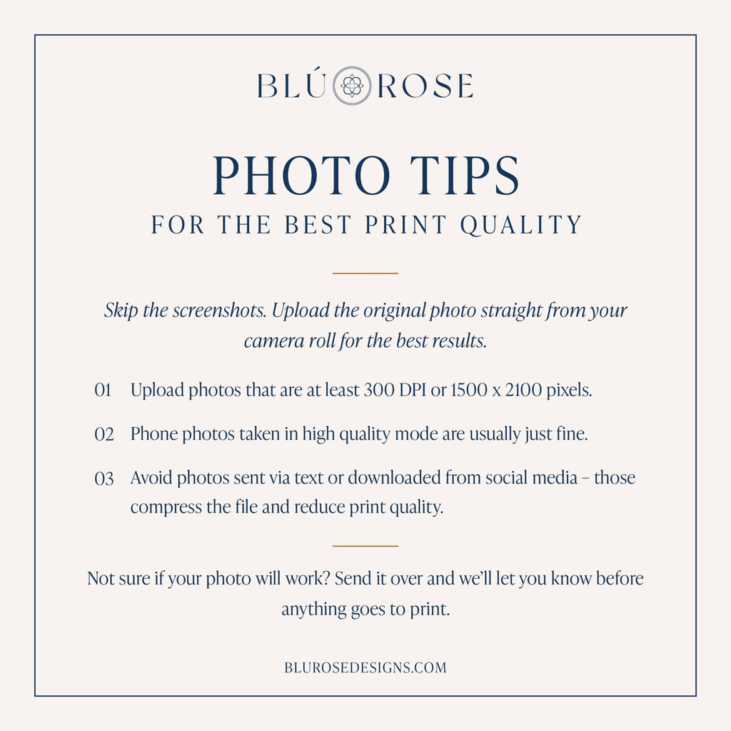 text that provides photo tips for achieving the best print quality. It advises to upload the original photo straight from the camera roll, avoid sending photos via text or downloaded from social media, and to ensure the photo will work before sending it. The image is a collage of multiple images, and the text is not a description of each individual image but rather a general advice for improving print quality.