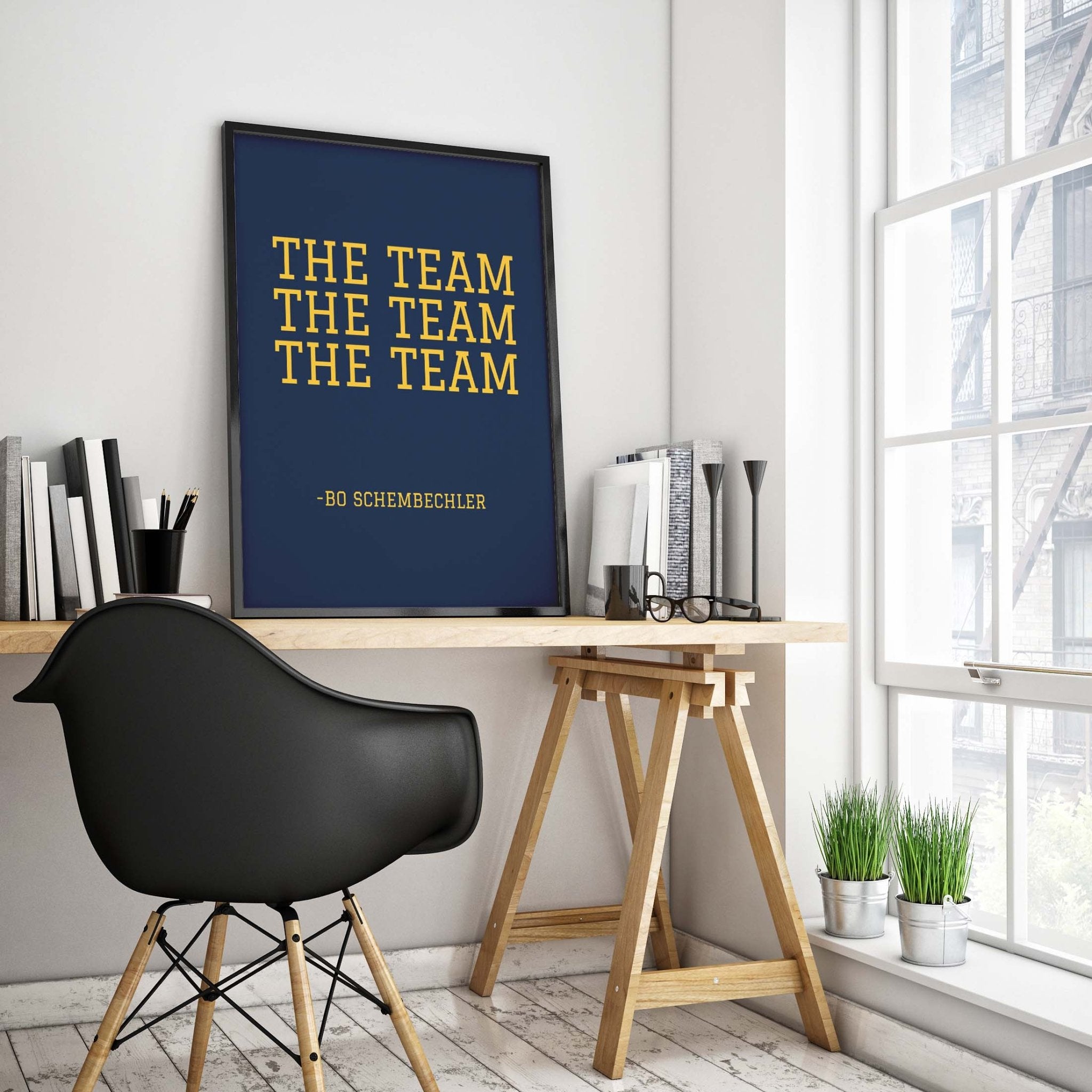 Michigan-inspired Bo Schembechler quote poster styled in modern office