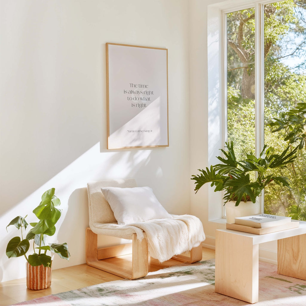 MLK quote wall art displayed in bright modern living room with plants and natural light