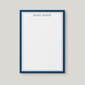 Traditional Border personalized notepad by Blú Rose, white notepad with a navy blue double border and the name 'Hazel White' in navy