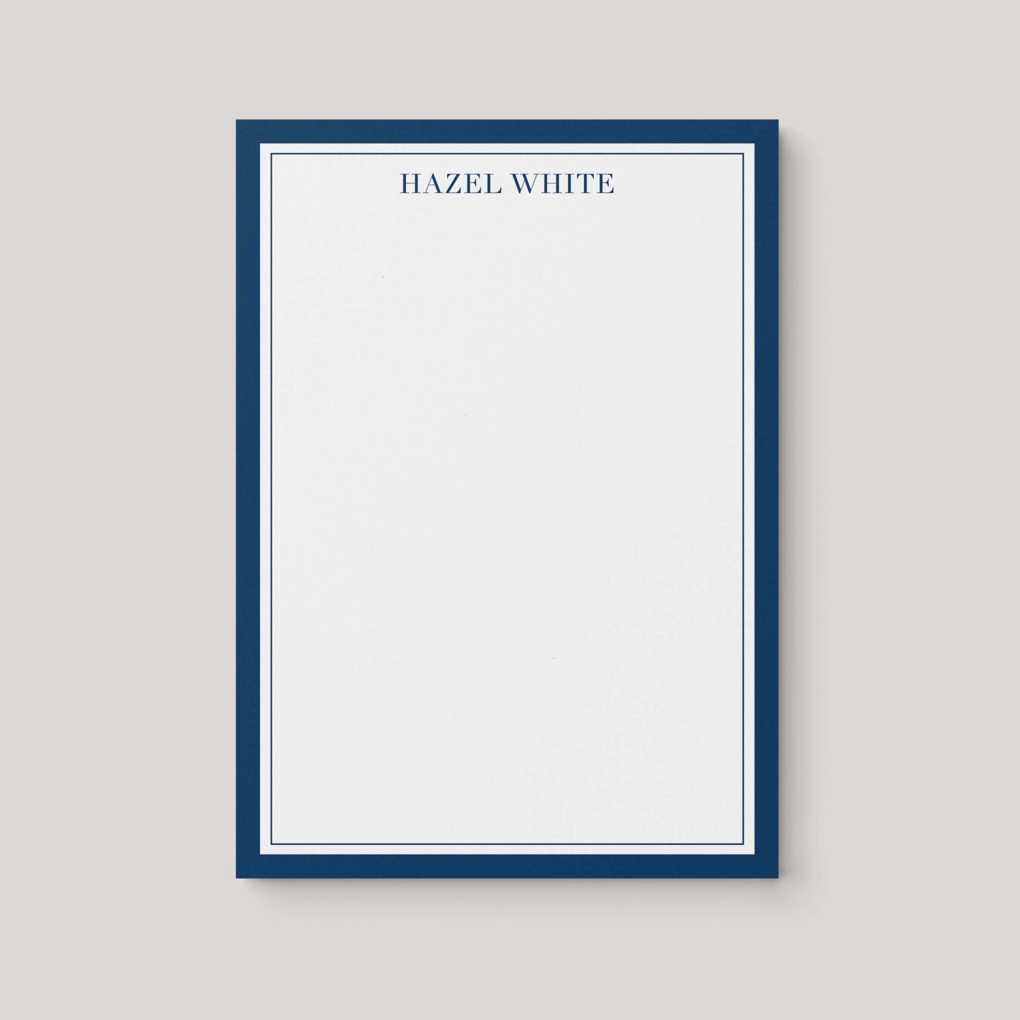 Traditional Border personalized notepad by Blú Rose, white notepad with a navy blue double border and the name 'Hazel White' in navy