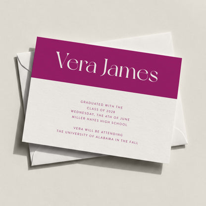 Vera graduation announcement card stacked on white envelope showing front design with oversized name typography and personalized grad details