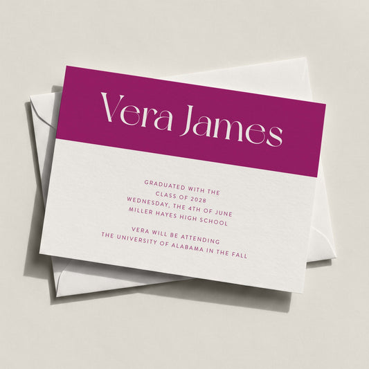 Vera graduation announcement card stacked on white envelope showing front design with oversized name typography and personalized grad details