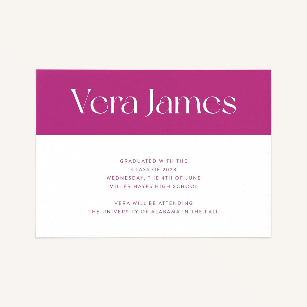 Vera graduation announcement card front view showing color-block header with large name typography and customized grad wording