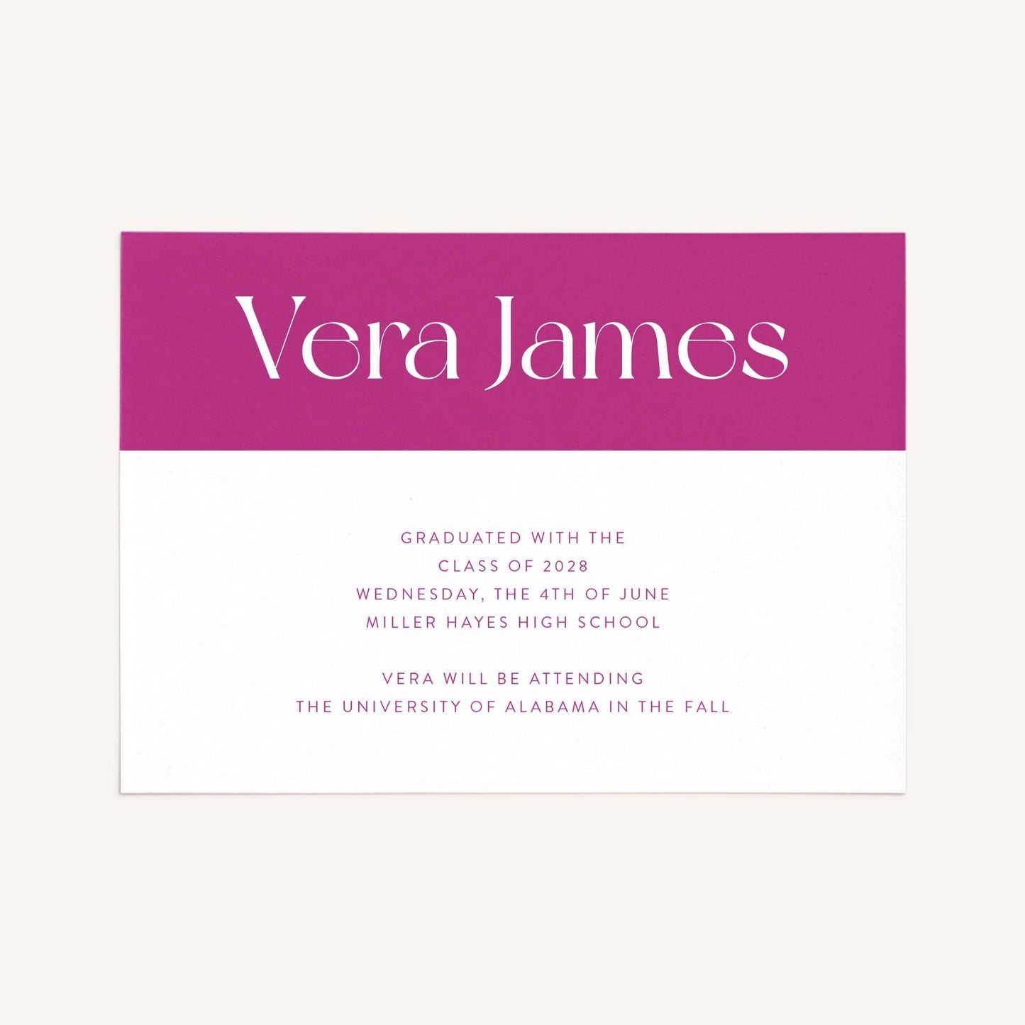 Vera graduation announcement card front view showing color-block header with large name typography and customized grad wording