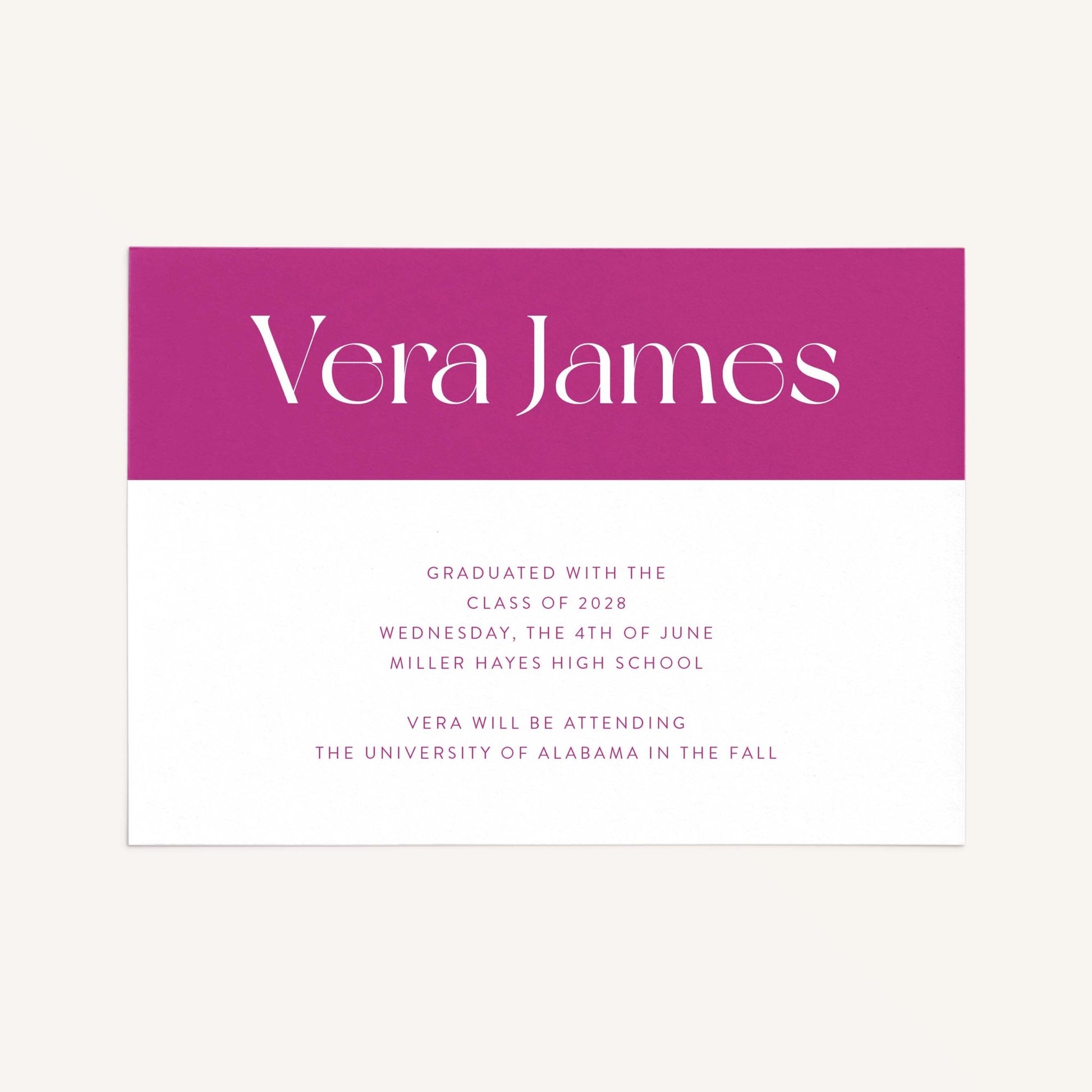 Vera graduation announcement card front view showing color-block header with large name typography and customized grad wording