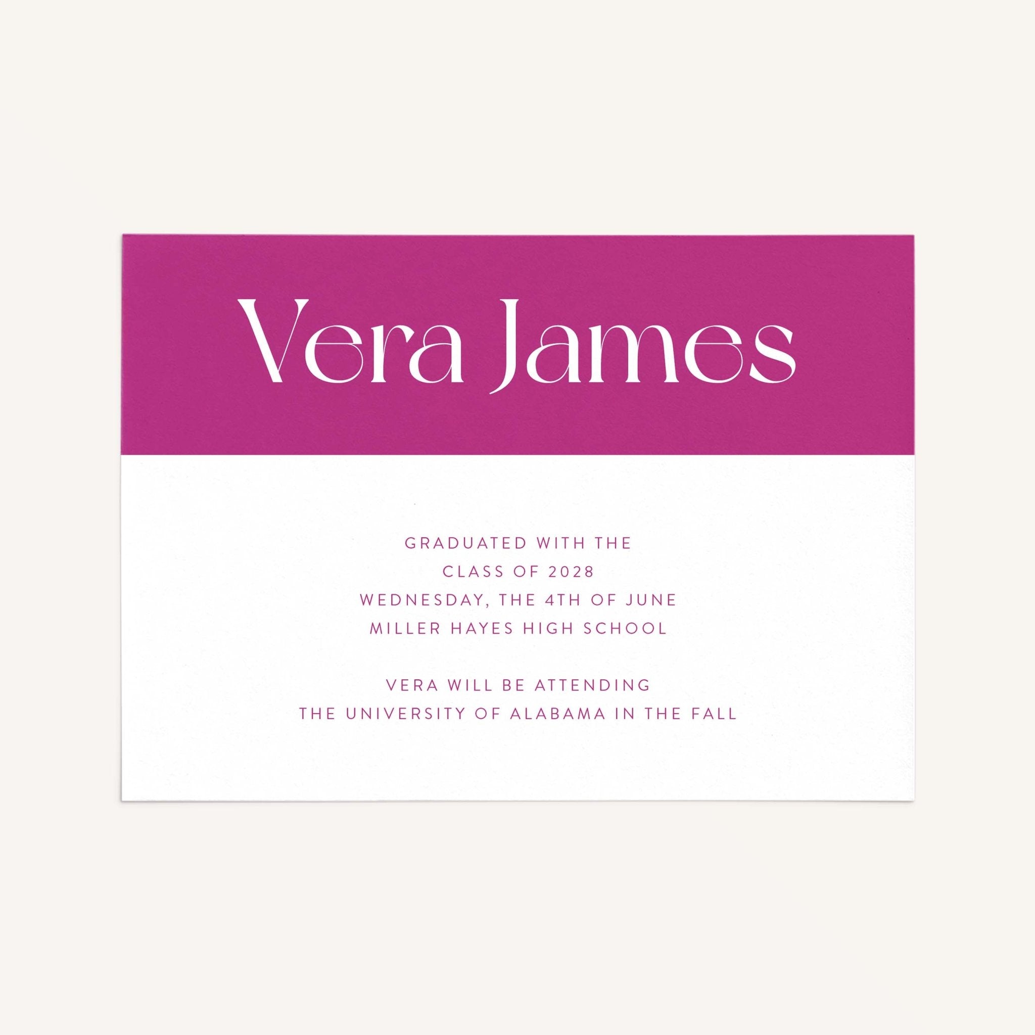 Vera graduation announcement card front view showing color-block header with large name typography and customized grad wording