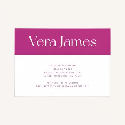 Vera graduation announcement card front view showing color-block header with large name typography and customized grad wording