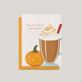 Warm Wishes & Pumpkin Spice Kisses fall greeting card by Blú Rose, white card with pumpkin spice latte and pumpkin illustration, shown with marigold envelope
