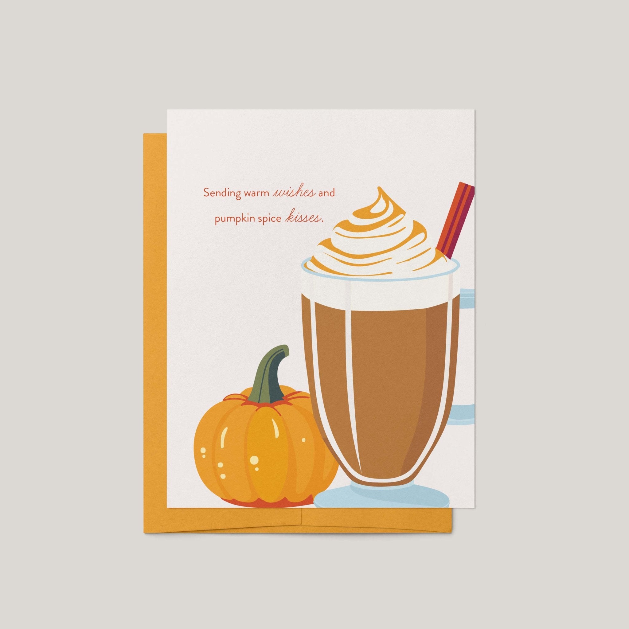Warm Wishes & Pumpkin Spice Kisses fall greeting card by Blú Rose, white card with pumpkin spice latte and pumpkin illustration, shown with marigold envelope