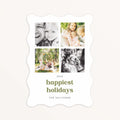 Four-photo wavy-edge holiday card with modern green text reading happiest holidays and family name The Sullivans.