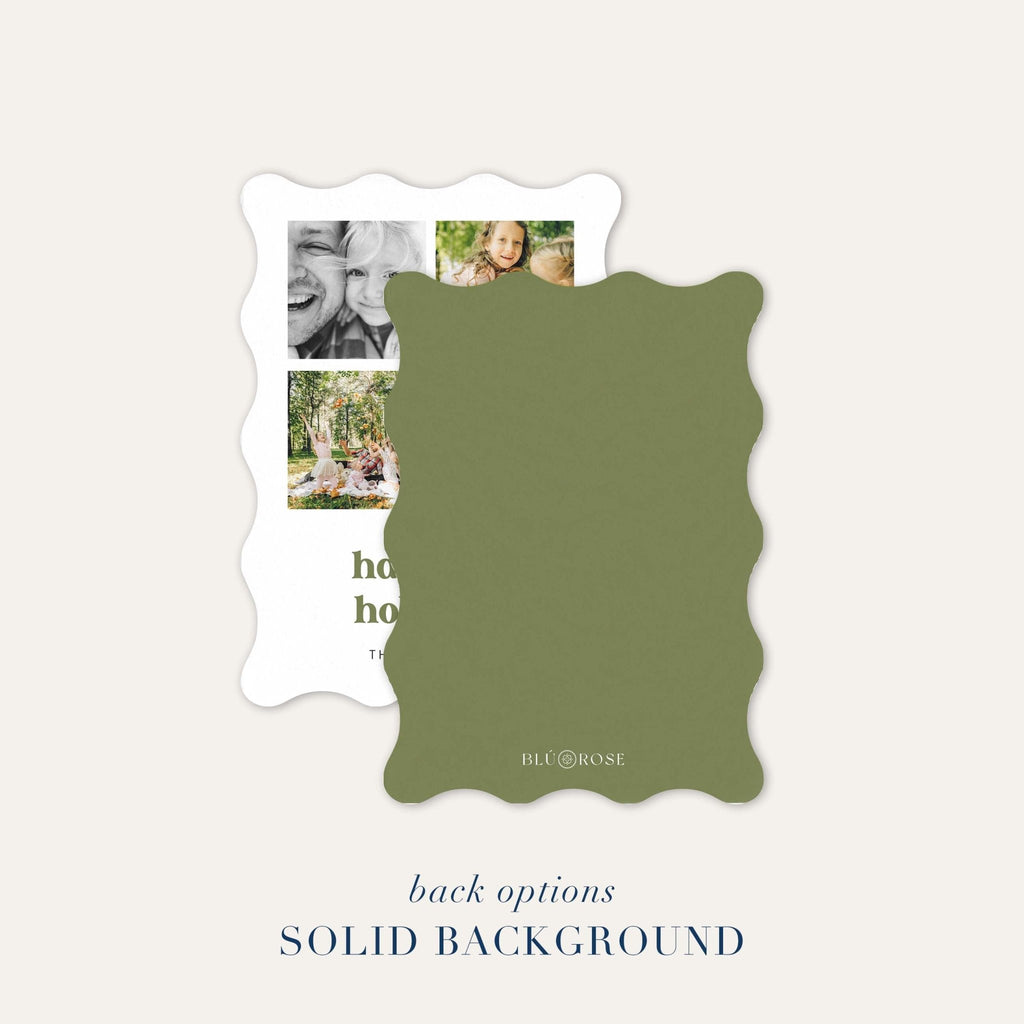 Wavy-edge holiday card shown with optional solid green backer design.