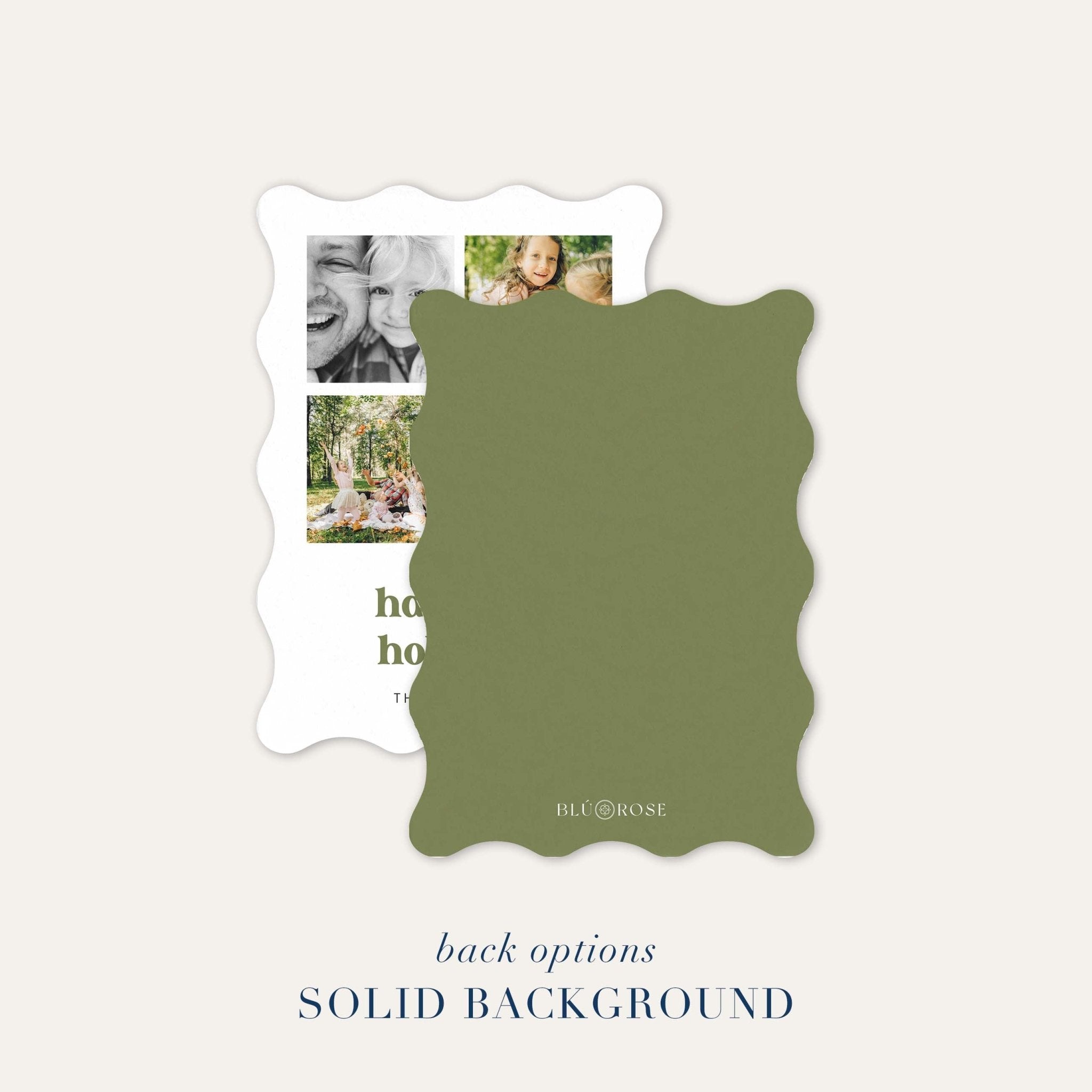 Wavy-edge holiday card shown with optional solid green backer design.