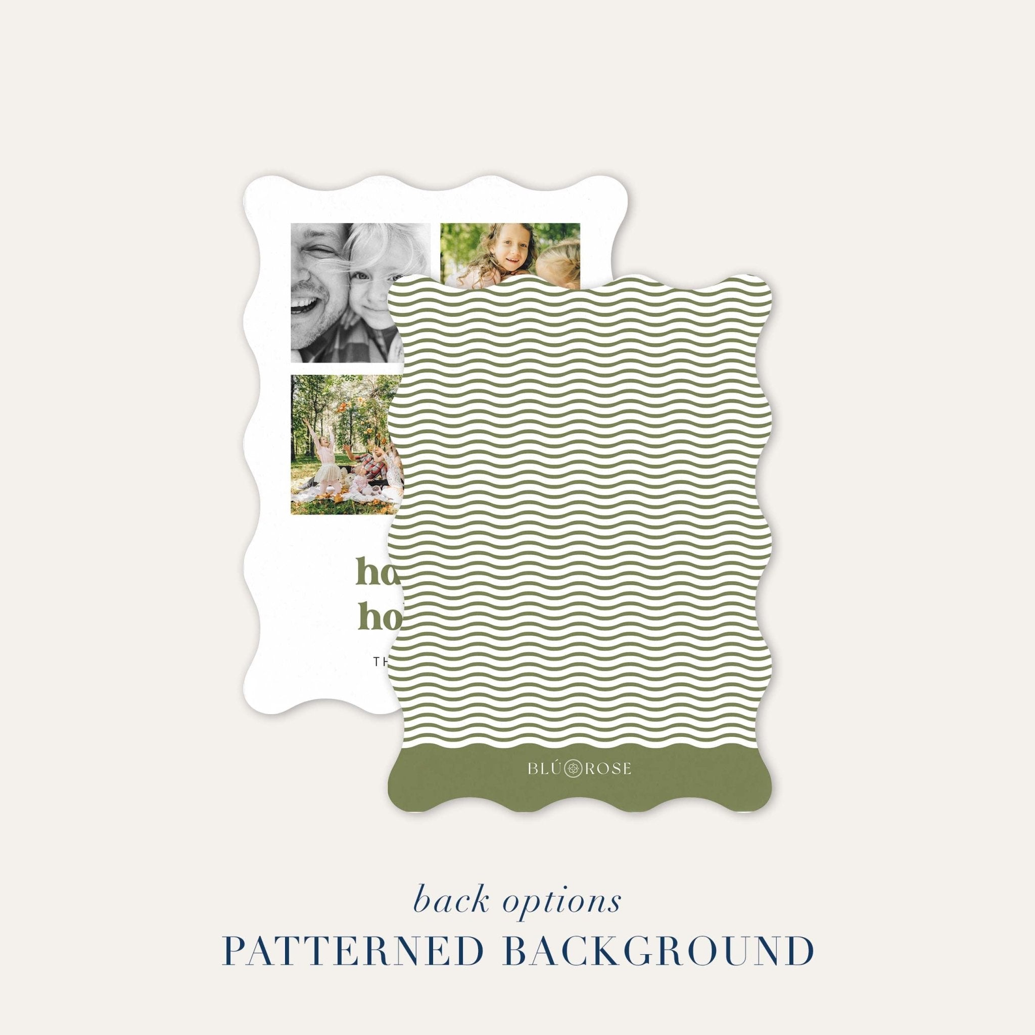 Wavy-edge holiday card shown with optional green patterned backer design.