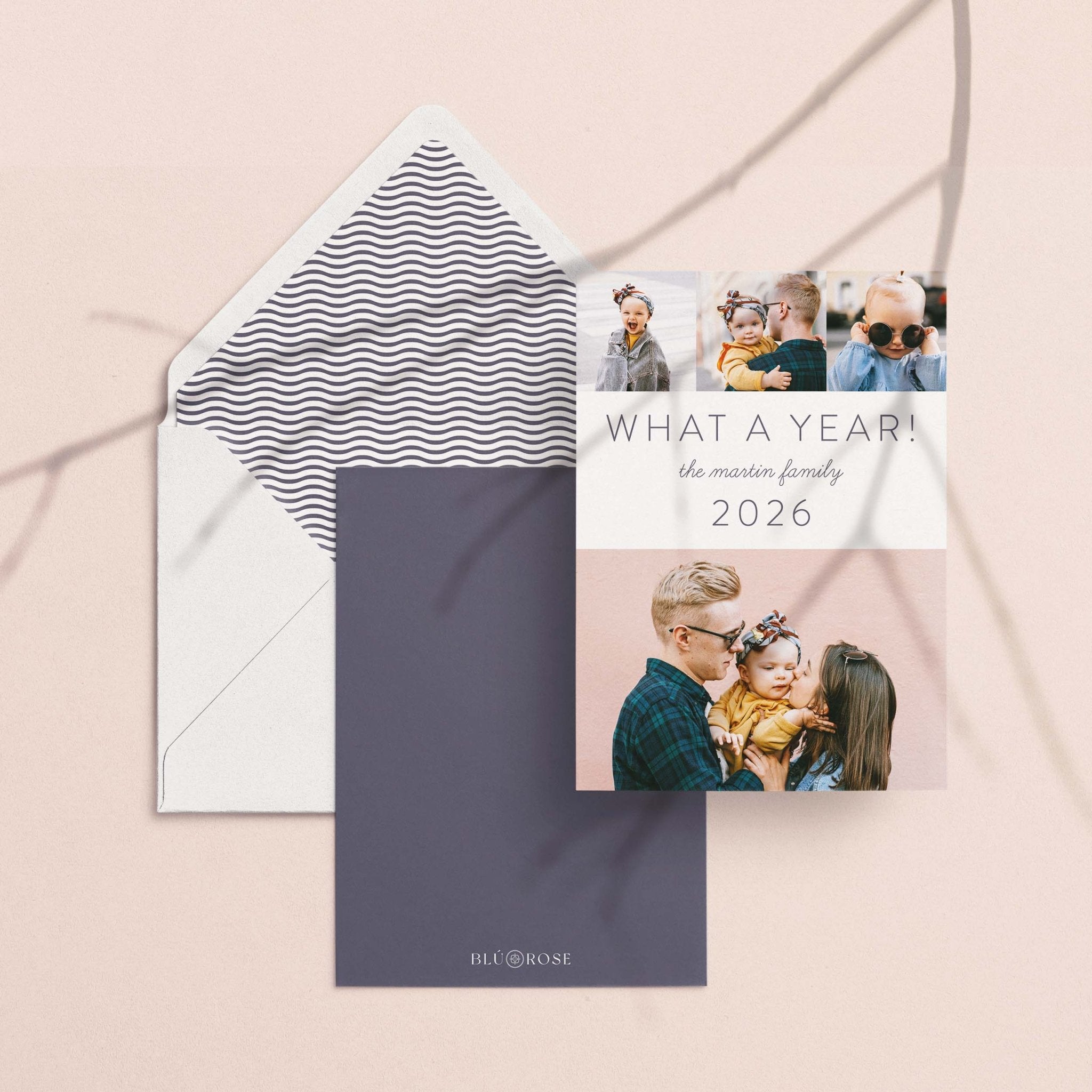 What a Year card with its slate chevron envelope liner styled on a blush backdrop