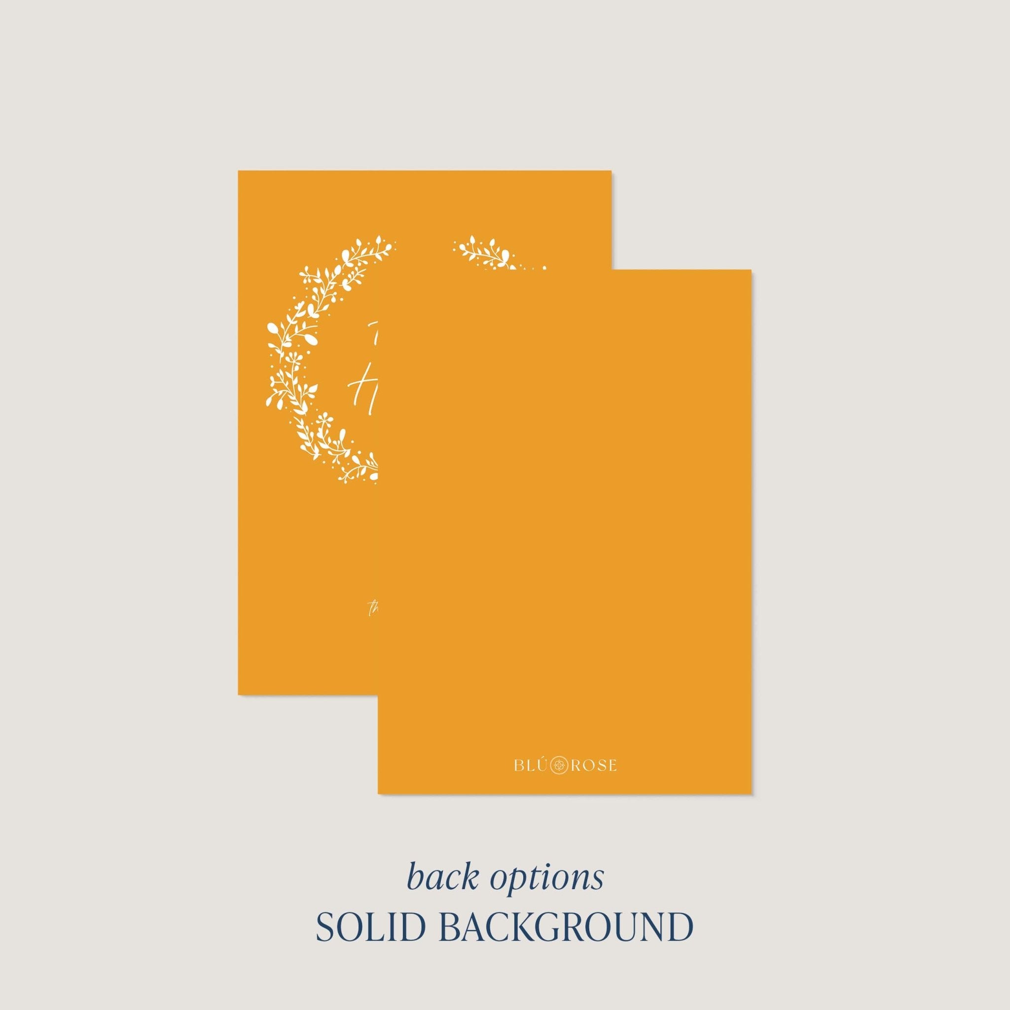 White Wreath card back option: solid marigold with a small Blú Rose mark