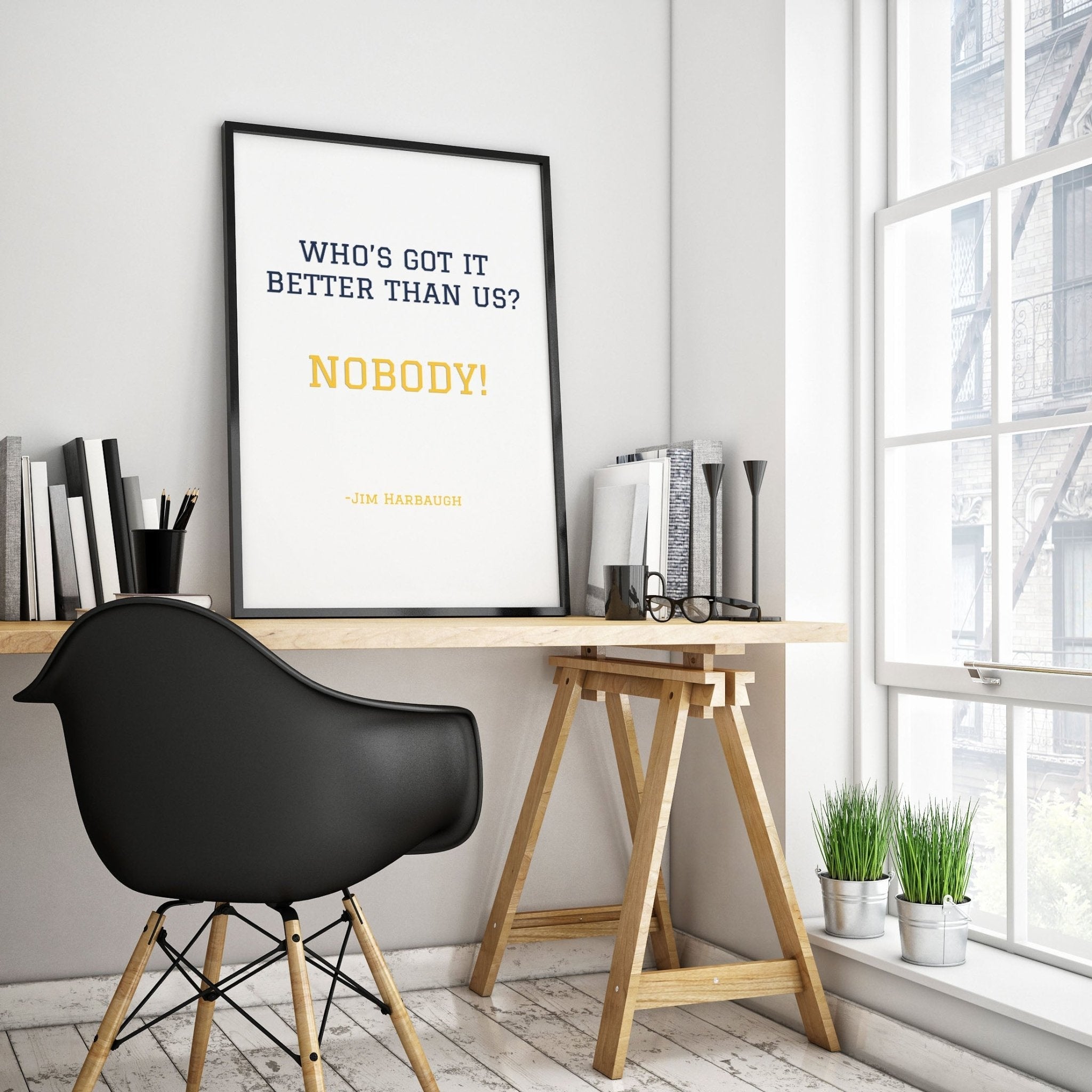 Jim Harbaugh quote wall art styled in modern office space