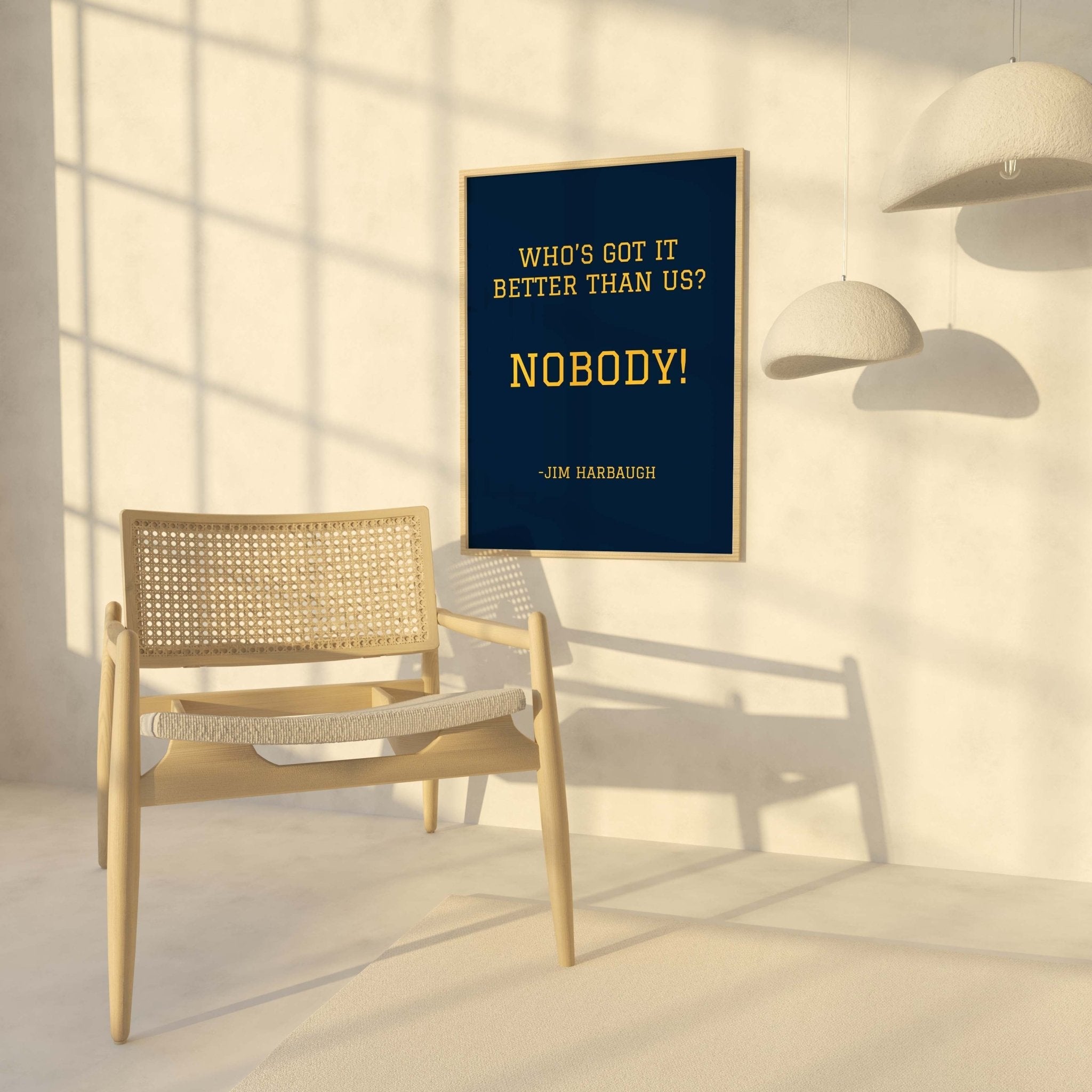 Michigan-inspired Jim Harbaugh quote poster styled above chair