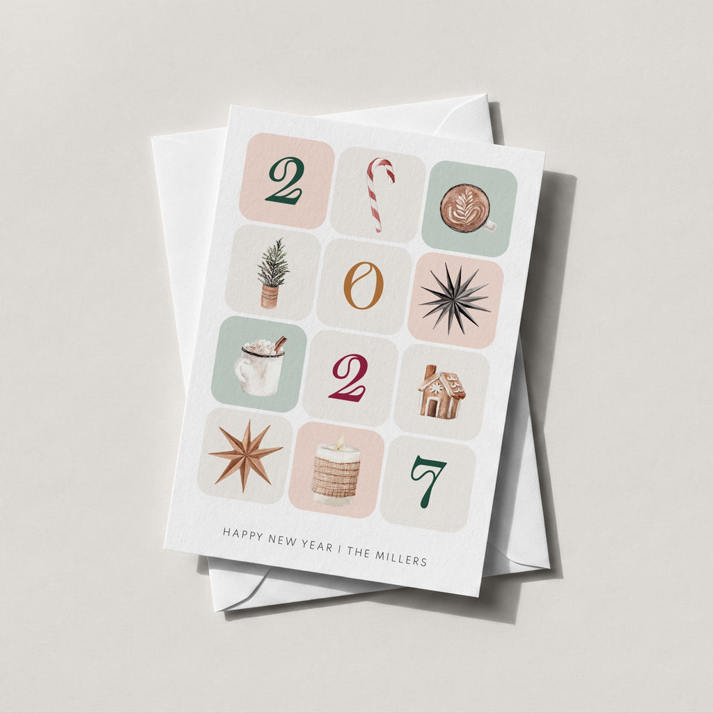 Winter Blocks holiday card spelling PEACE in illustrated winter tiles on a soft neutral background