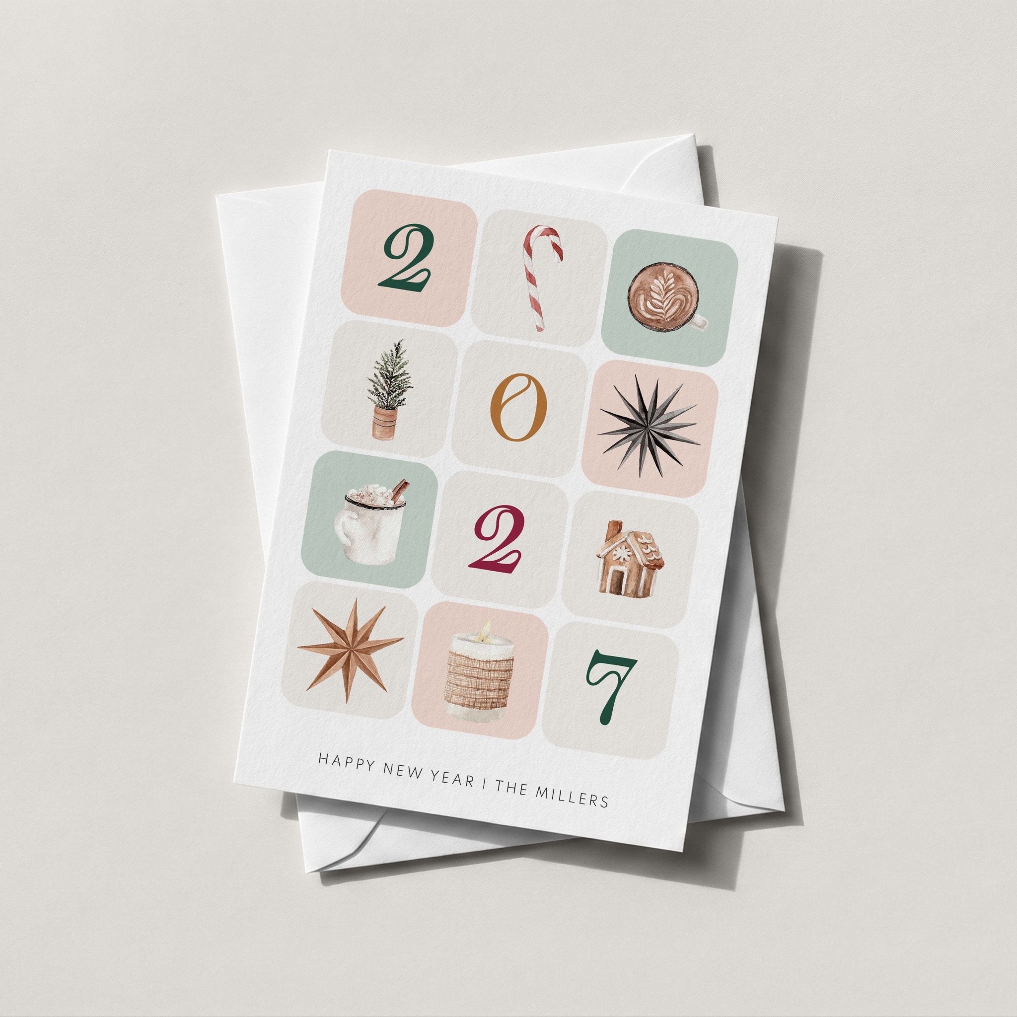 Winter Blocks holiday card spelling PEACE in illustrated winter tiles on a soft neutral background