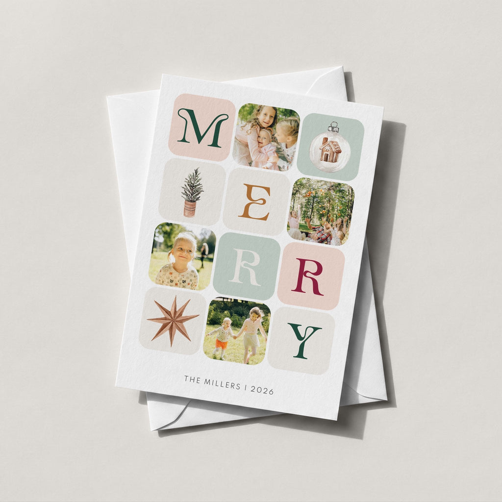 Winter Photo Blocks card spelling MERRY with a mix of family photos and illustrated winter tiles