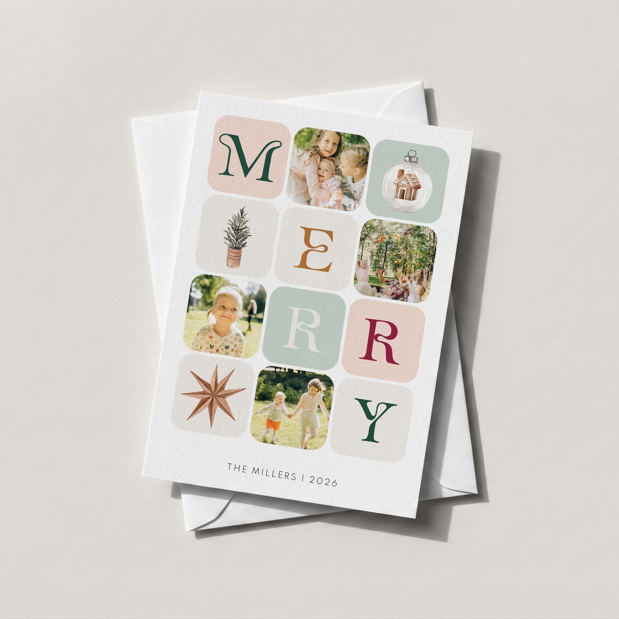 Winter Photo Blocks card spelling MERRY with a mix of family photos and illustrated winter tiles