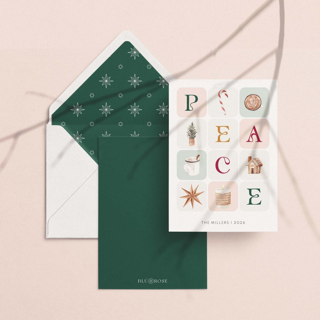 Winter Photo Blocks card mixing family photos with illustrated winter tiles to spell out a message