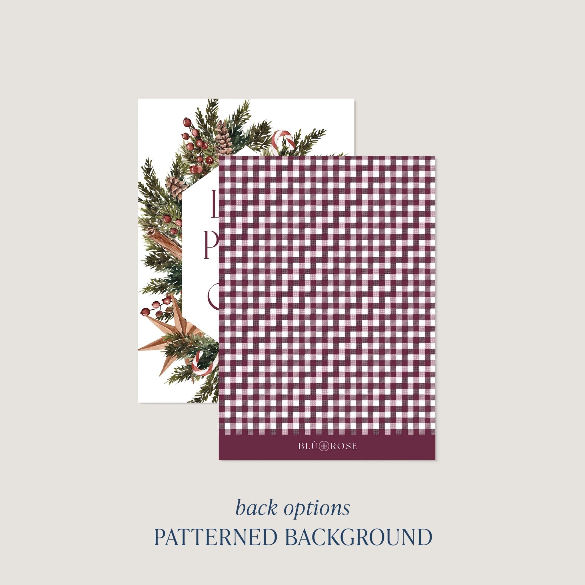 Winter Wreath card back option: burgundy and white gingham check