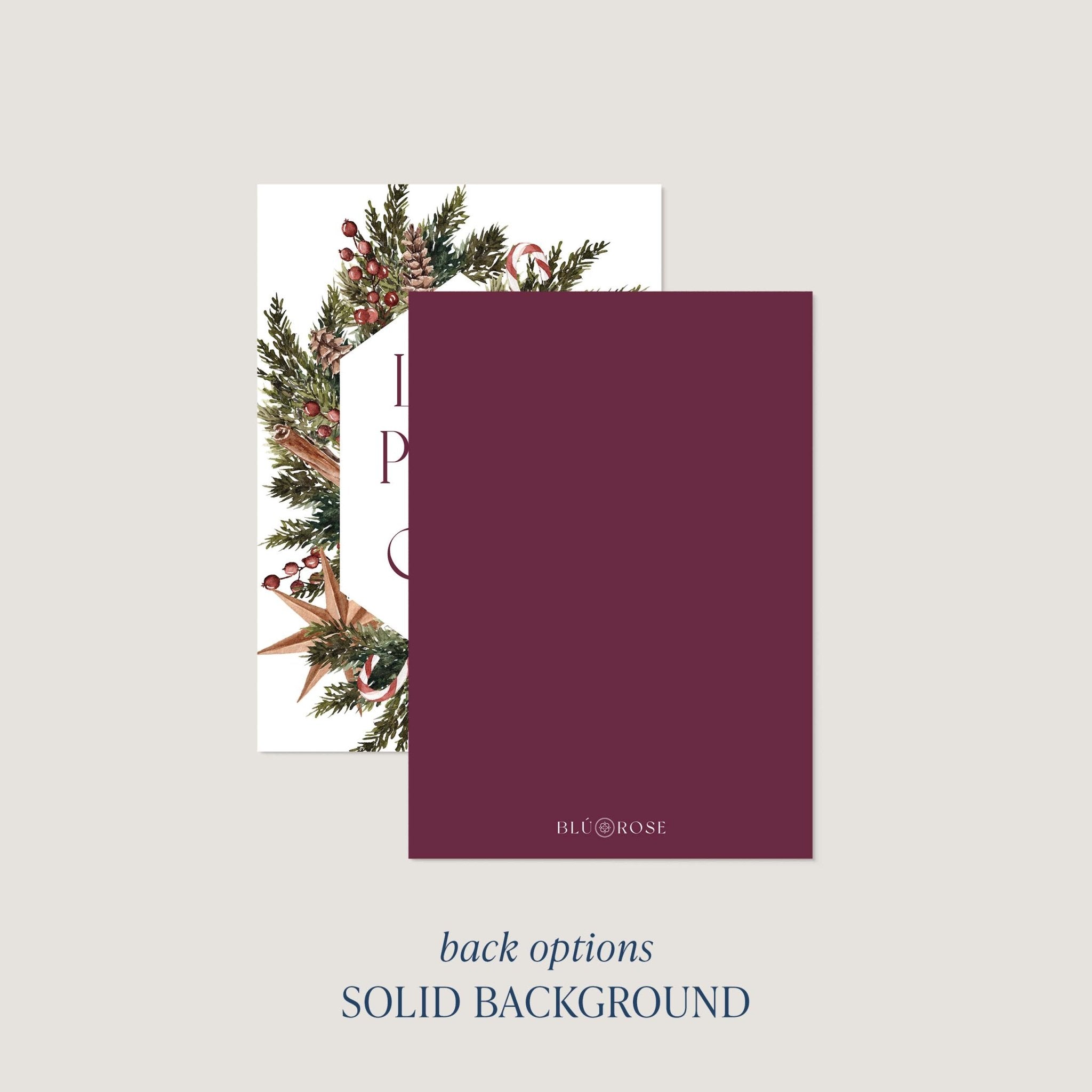 Winter Wreath card back option: solid burgundy with a small Blú Rose mark