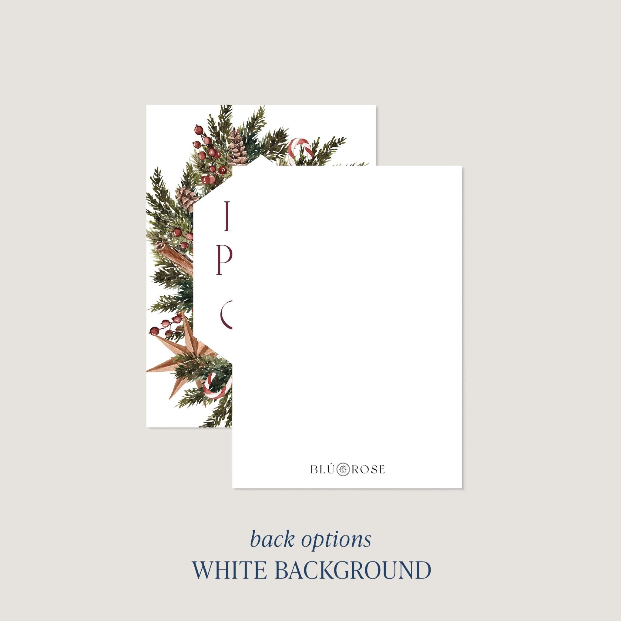 Winter Wreath card back option: plain white with a small Blú Rose mark