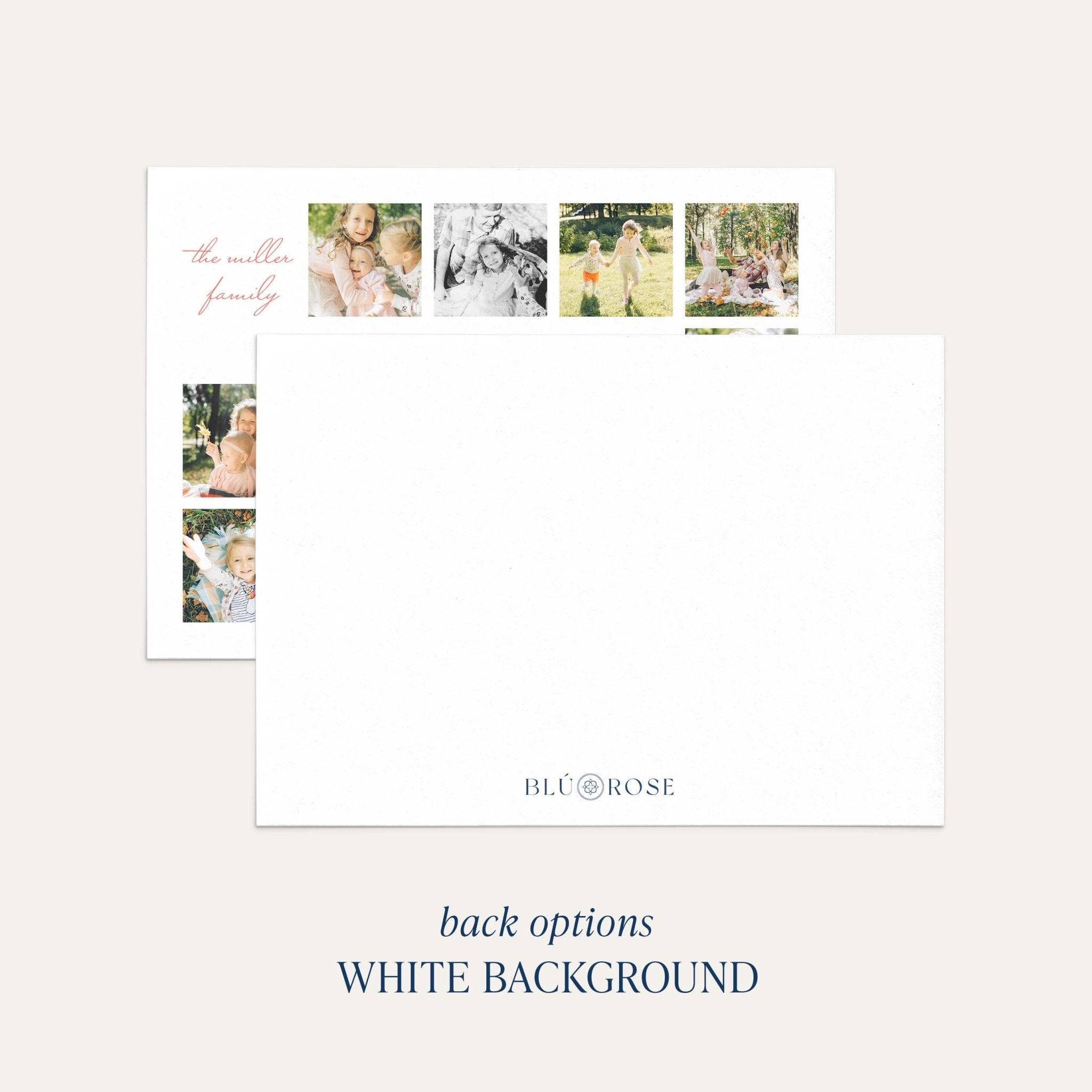X Photo card back option: plain white with a small Blú Rose mark