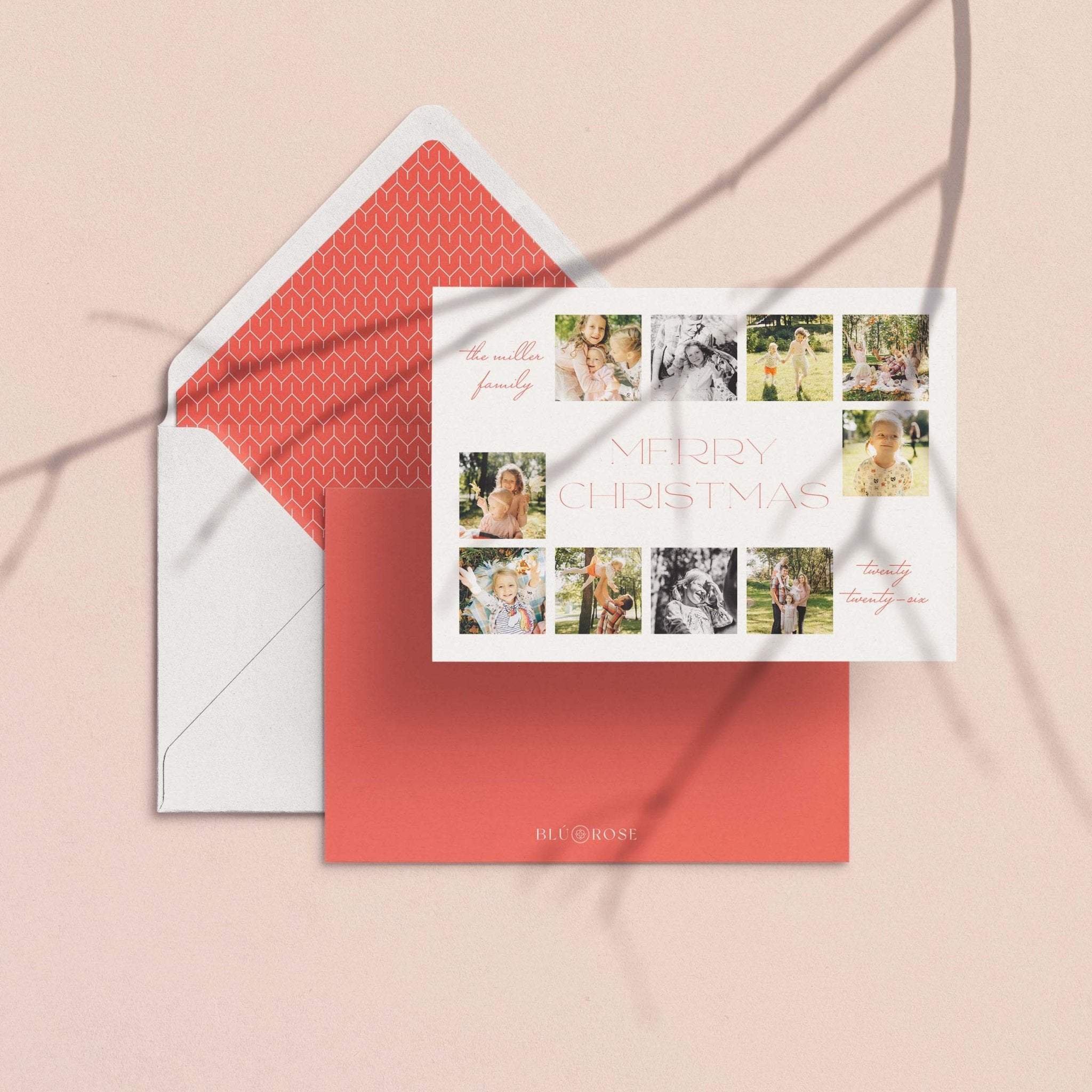 X Photo card with its coral envelope liner and multi-photo layout on a blush backdrop