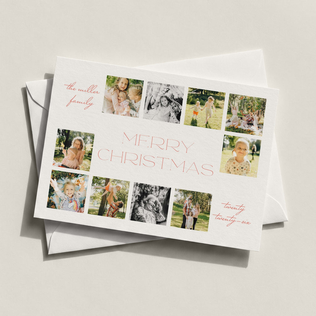 X Photo landscape card with a ten-photo grid and MERRY CHRISTMAS in coral lettering
