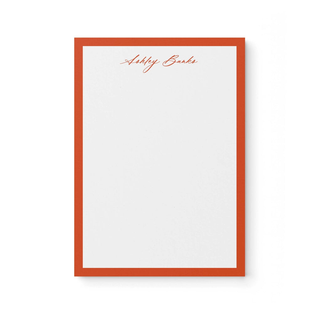 Ashley stationery set by Blú Rose, rust-bordered notepad personalized 'Ashley Banks' in rust script