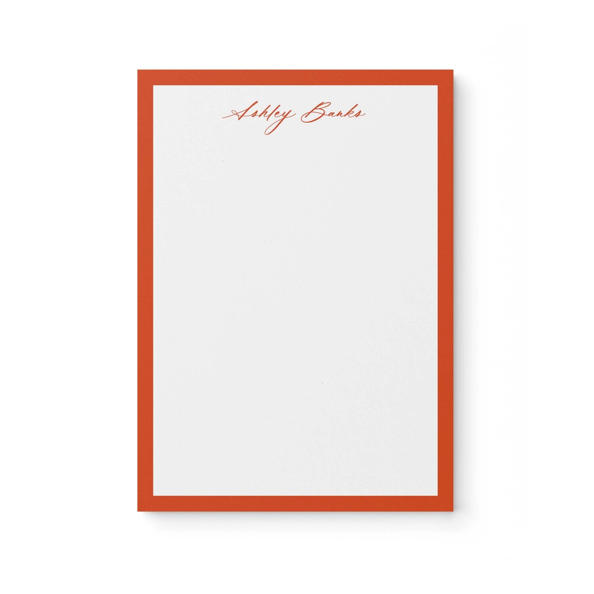 Ashley stationery set by Blú Rose, rust-bordered notepad personalized 'Ashley Banks' in rust script