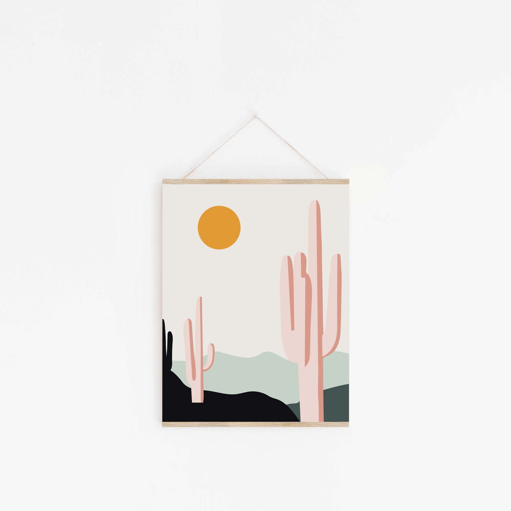 Desert Sunrise Cacti Art Print with pastel color blocks, cactus, and glowing desert sun — Southwest wall art by Blú Rose
