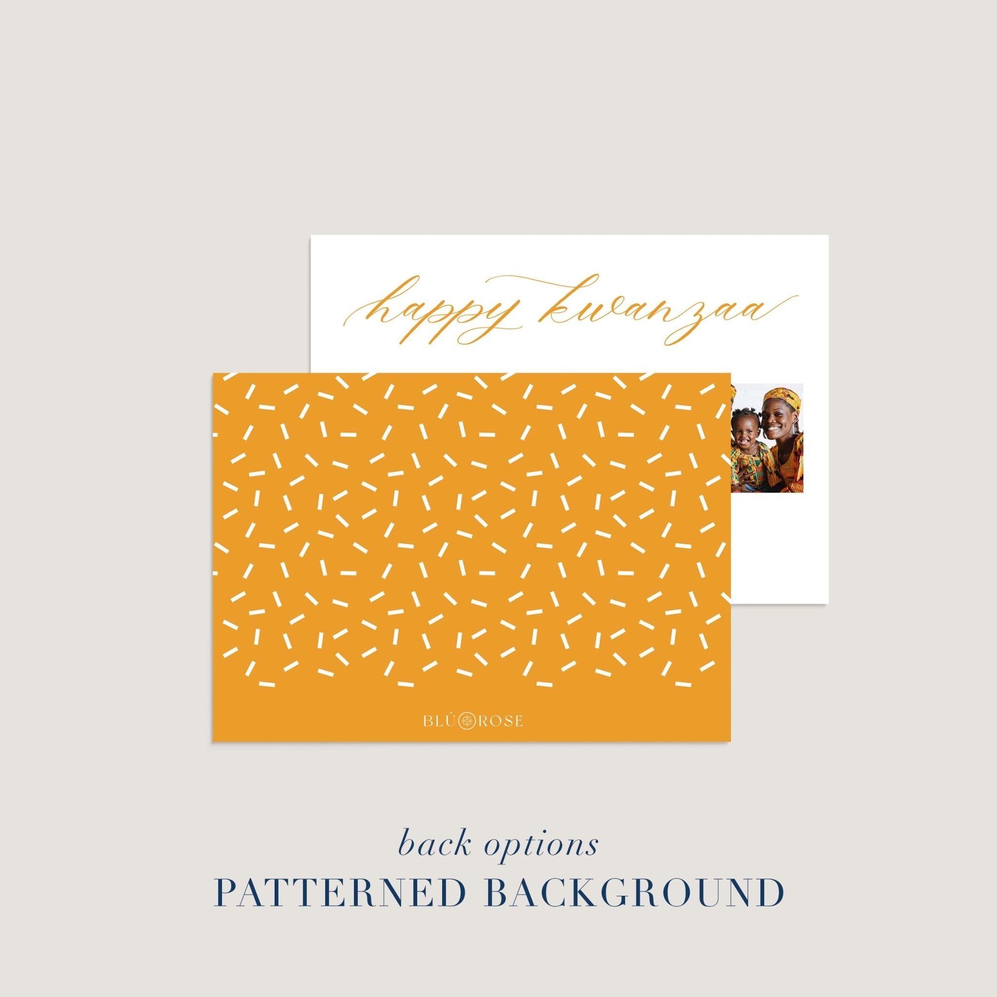 Personalized holiday card shown with patterned back design option in gold and white.