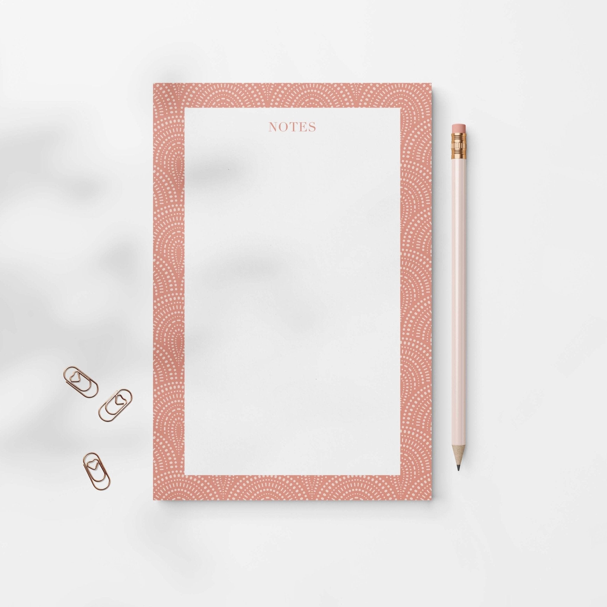 Fancy Arches notepad by Blú Rose, terracotta arch-bordered notepad styled with a pink pencil and heart paper clips
