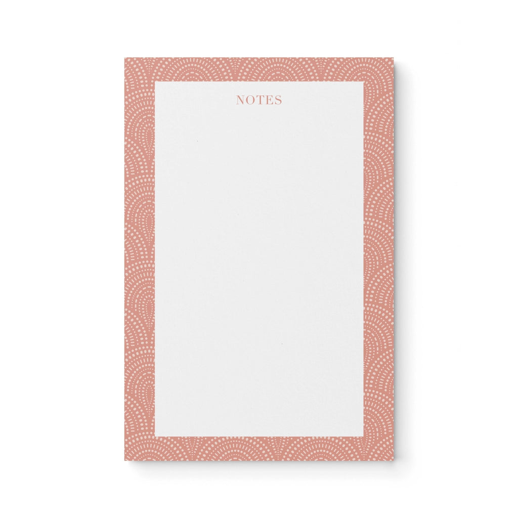 Fancy Arches notepad by Blú Rose, white notepad with a terracotta dotted-arch border and 'Notes' heading