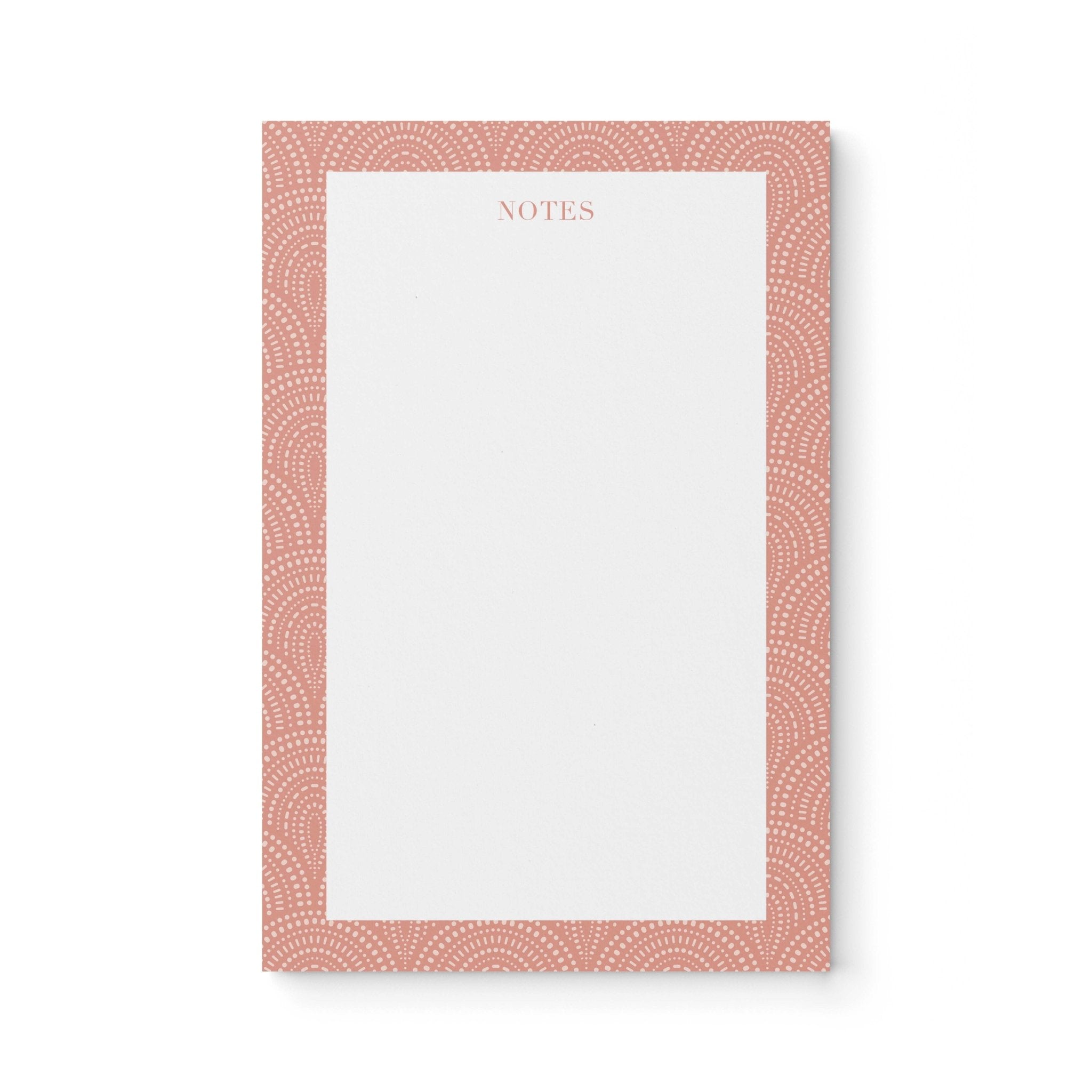 Fancy Arches notepad by Blú Rose, white notepad with a terracotta dotted-arch border and 'Notes' heading
