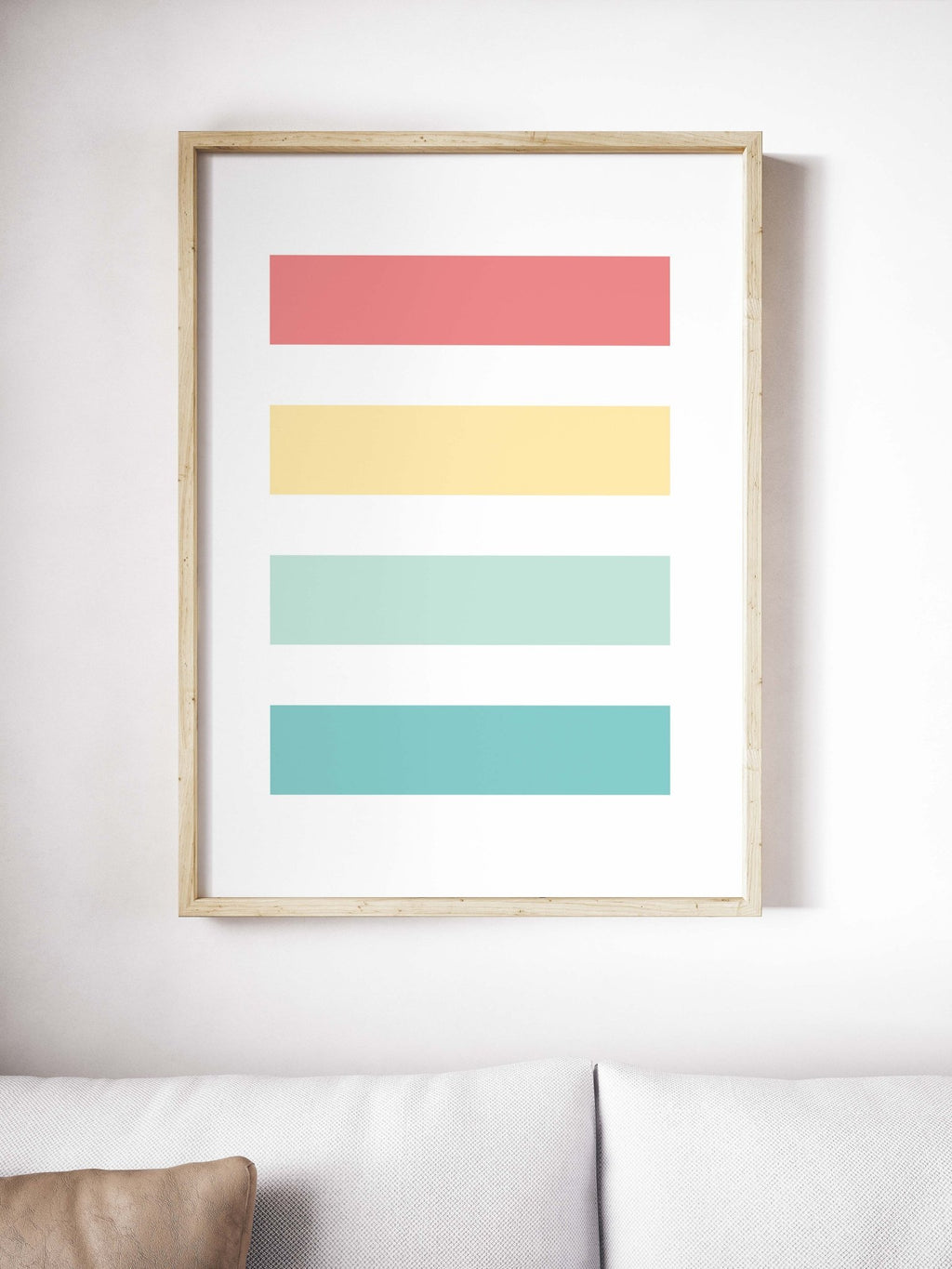 Happy Mood pastel geometric wall art styled above sofa