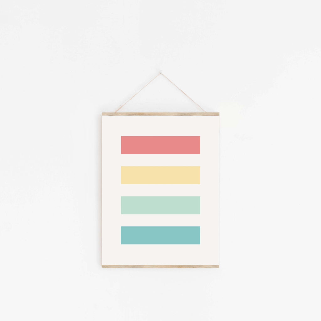 Pastel stripe color block poster hanging from wooden hanger
