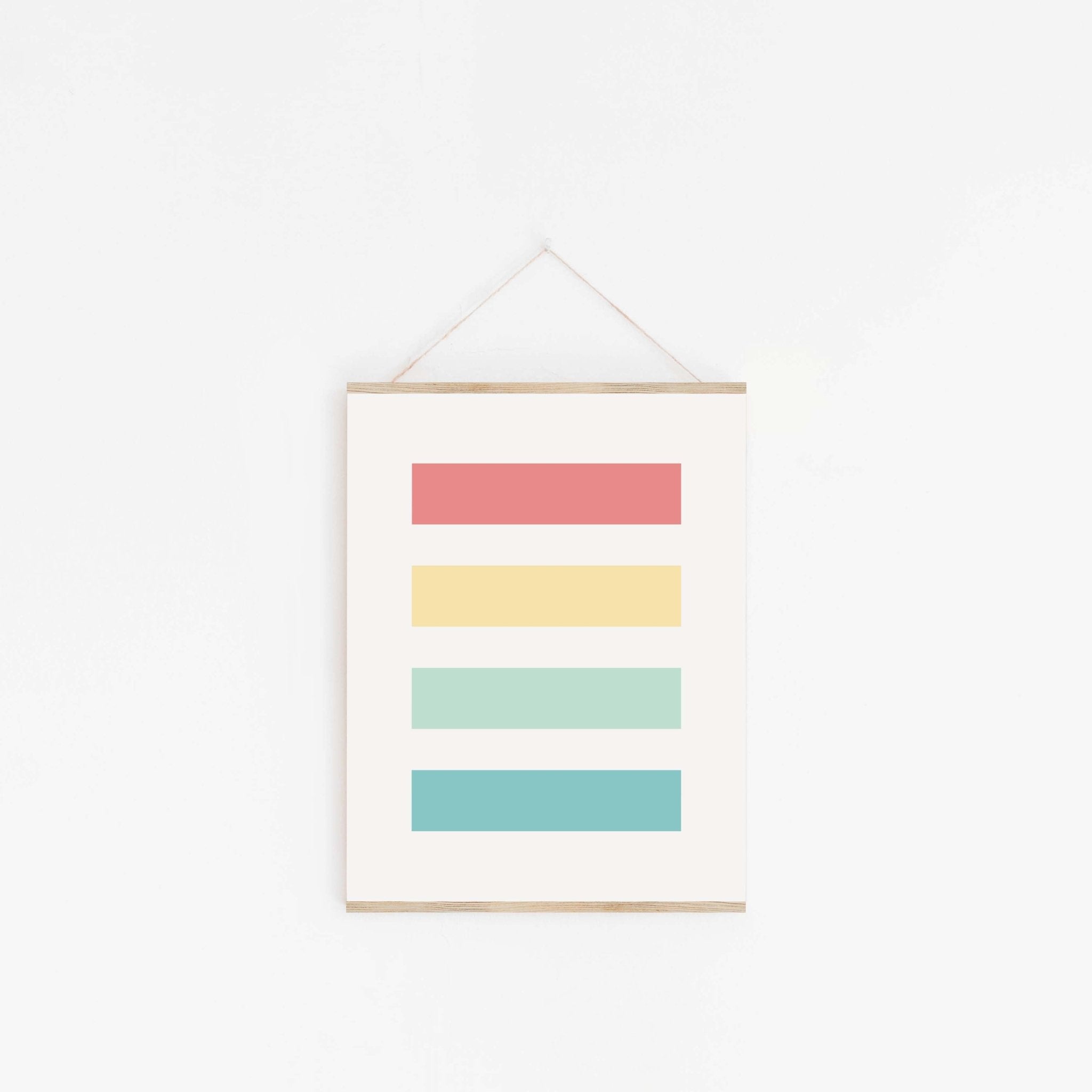 Pastel stripe color block poster hanging from wooden hanger