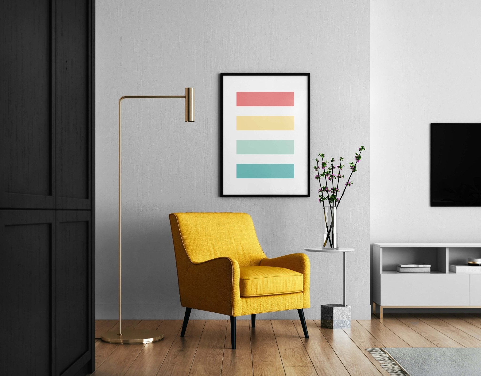 Modern pastel color block art print displayed in contemporary living room