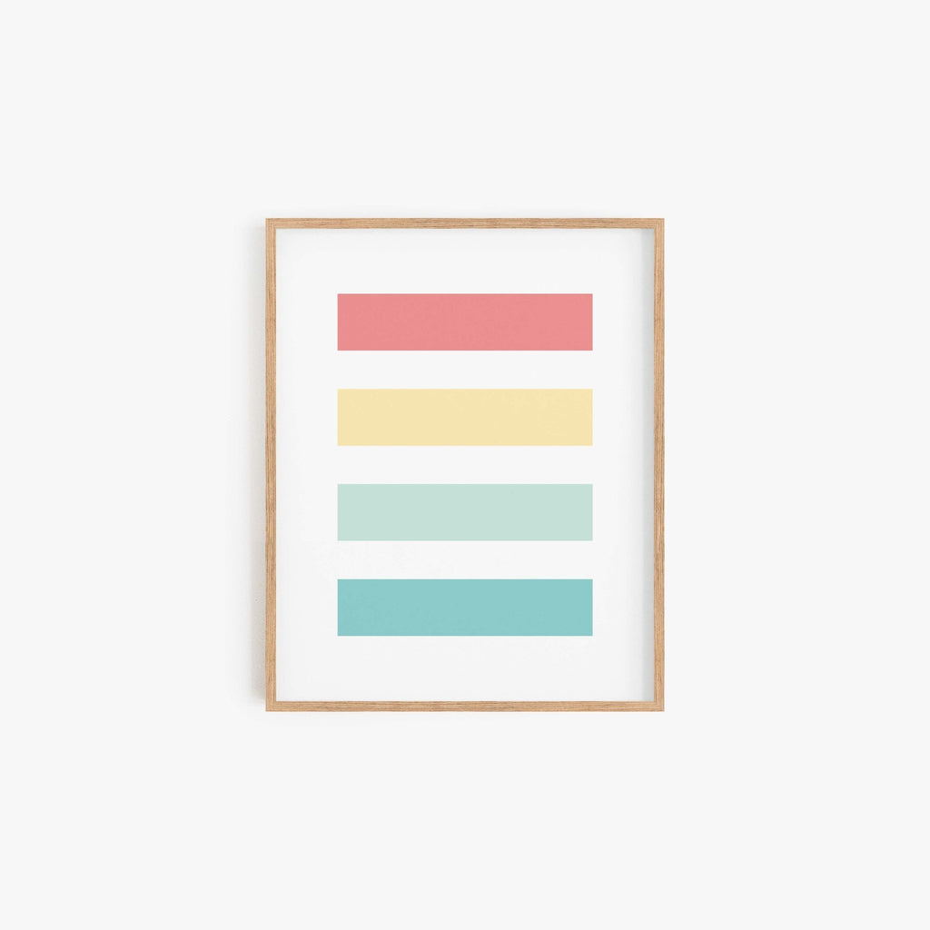 Happy Mood pastel color block art print with geometric stripes in frame